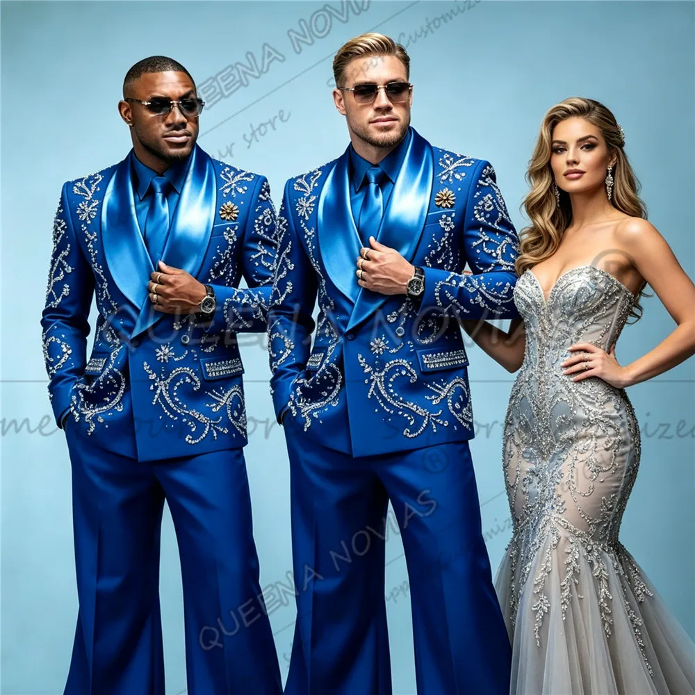 

Glittering Rhinestone Beaded Suits Men For Wedding Sparkly Satin Lable Prom Blazers Customized 2 Piece Sets Groom Tuxedo Outfits