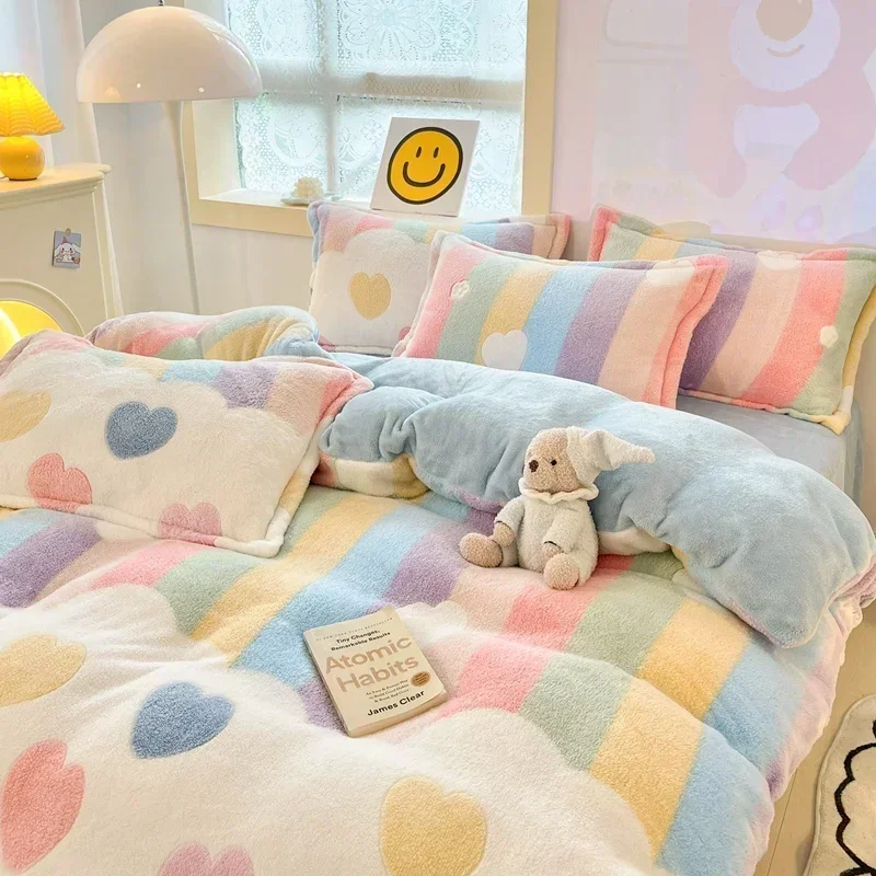 Luxury Autumn Winter Warm Thick Bedding Set Plush Kawaii Mink Velvet Queen Duvet Cover Set with Sheets Single Double Pillowcases