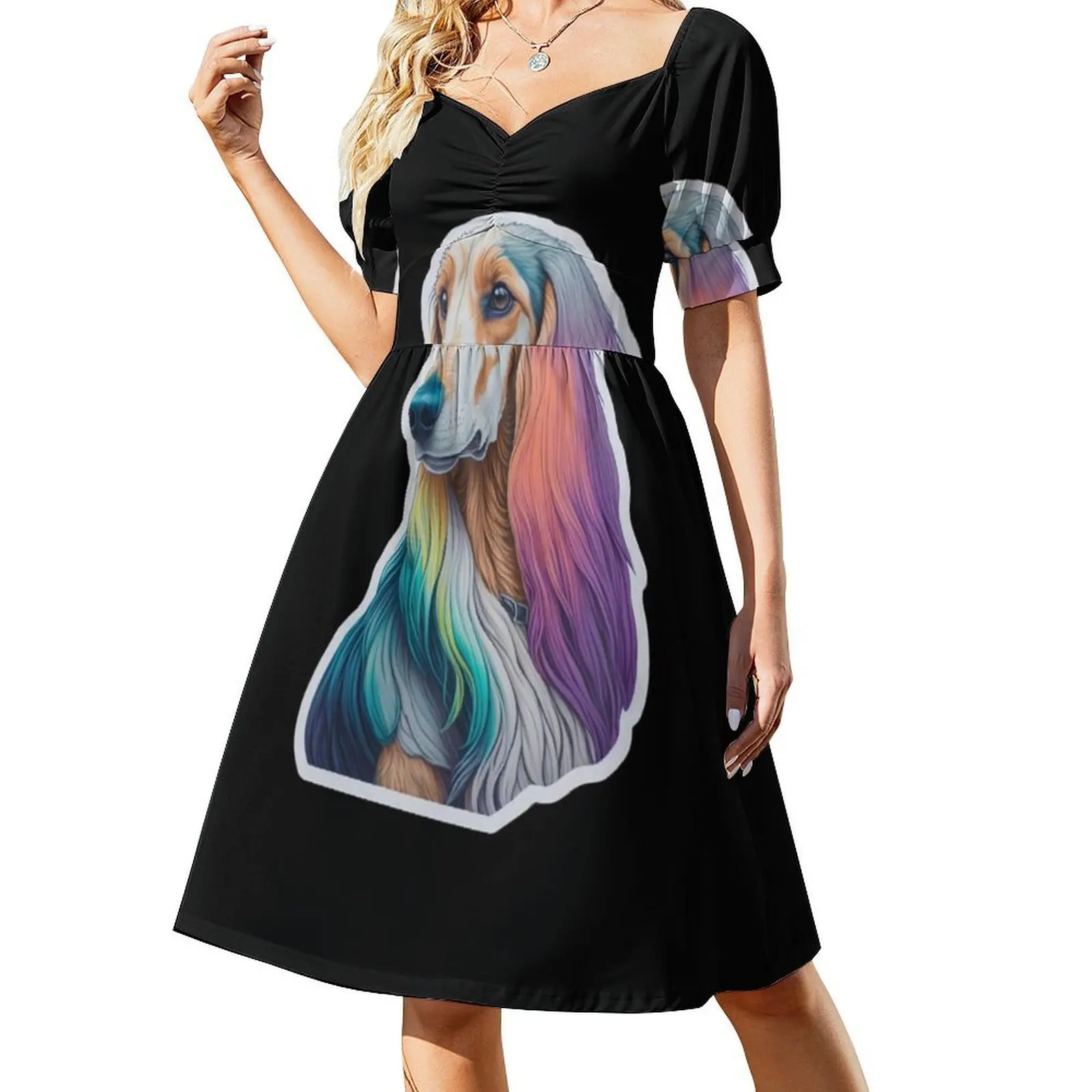 فستان قصير رائع لطيف على طراز كلب الصيد الأفغاني على طراز Preppy للنساء على شكل حرف a فضفاض مناسب فستان يوم غير رسمي كلب أفغاني لطيف رائع #2