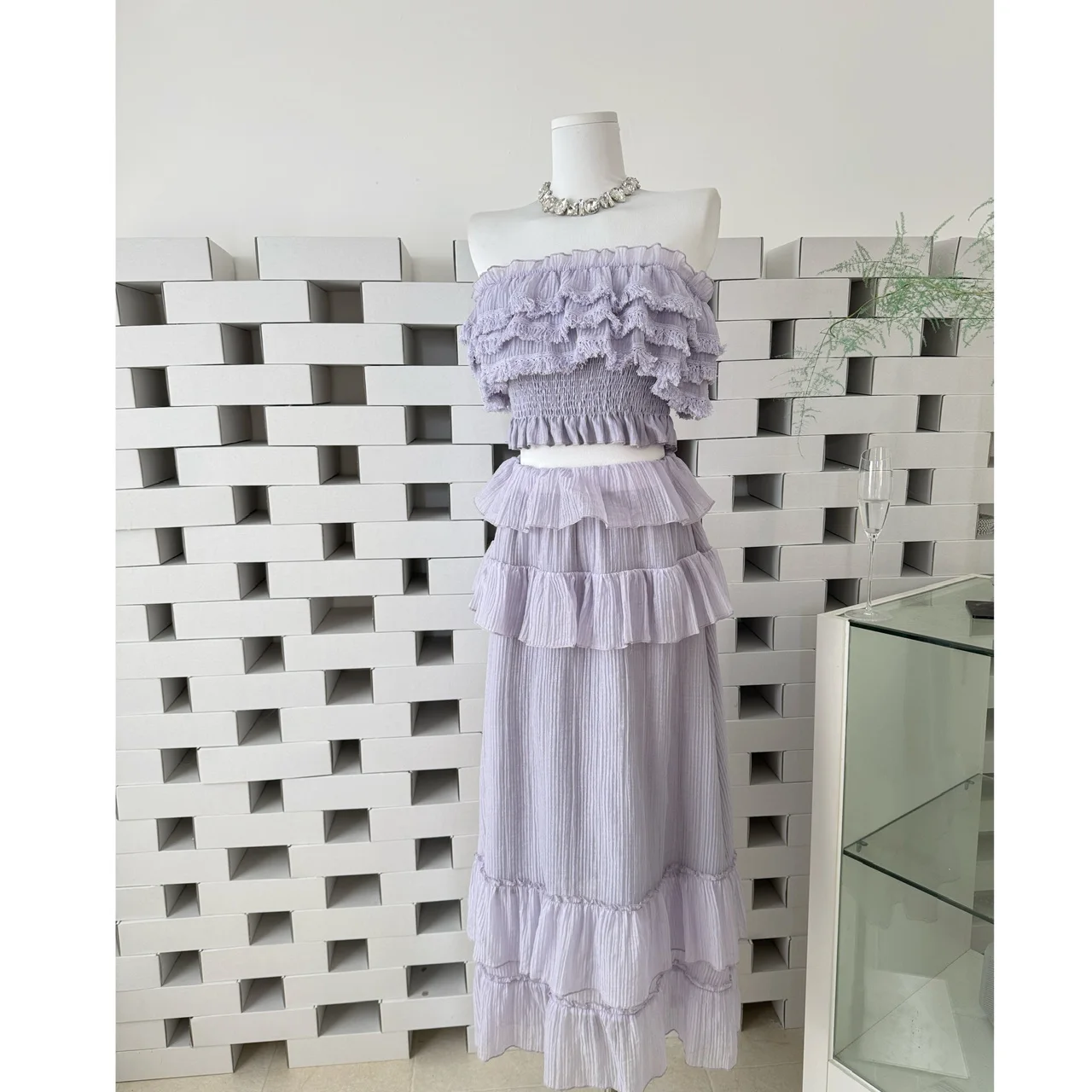 

Women's Summer Holiday Beach Sweet Two Pieces Skirt Set Lady Off Shoulder Layered Ruffles Short Top + A Line Long Skirt