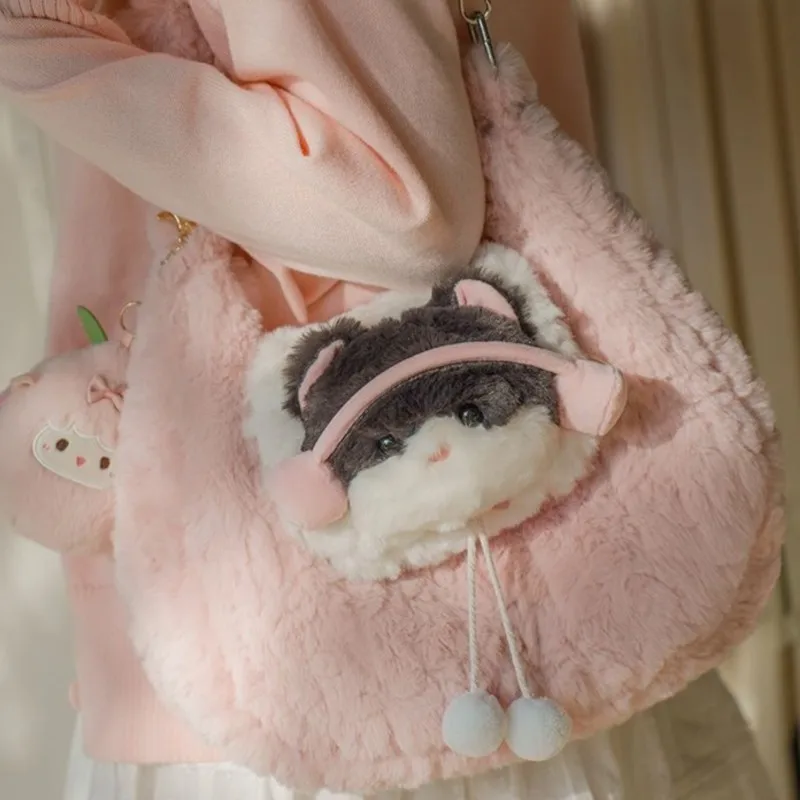 

Розовая плюшевая сумка на плечо Kitty Lamb, женская сумка в стиле Лолиты, просторная мягкая легкая сумка-тоут, женская кавайная милая сумка через плечо, шикарная 2025