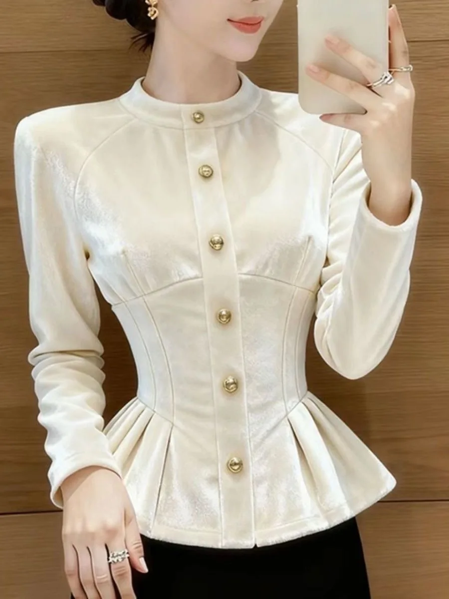 

Белая бархатная рубашка с завышенной талией в корейском стиле: модная осенне-зимняя деловая женская рубашка с эффектом омоложения