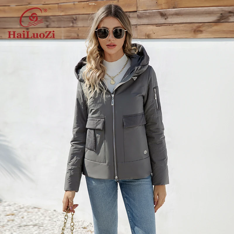 Hailuozi 2023 novo design primavera outono jaqueta feminina clássico grande bolso curto fino outwear feminino com capuz zíper casaco feminino 3337