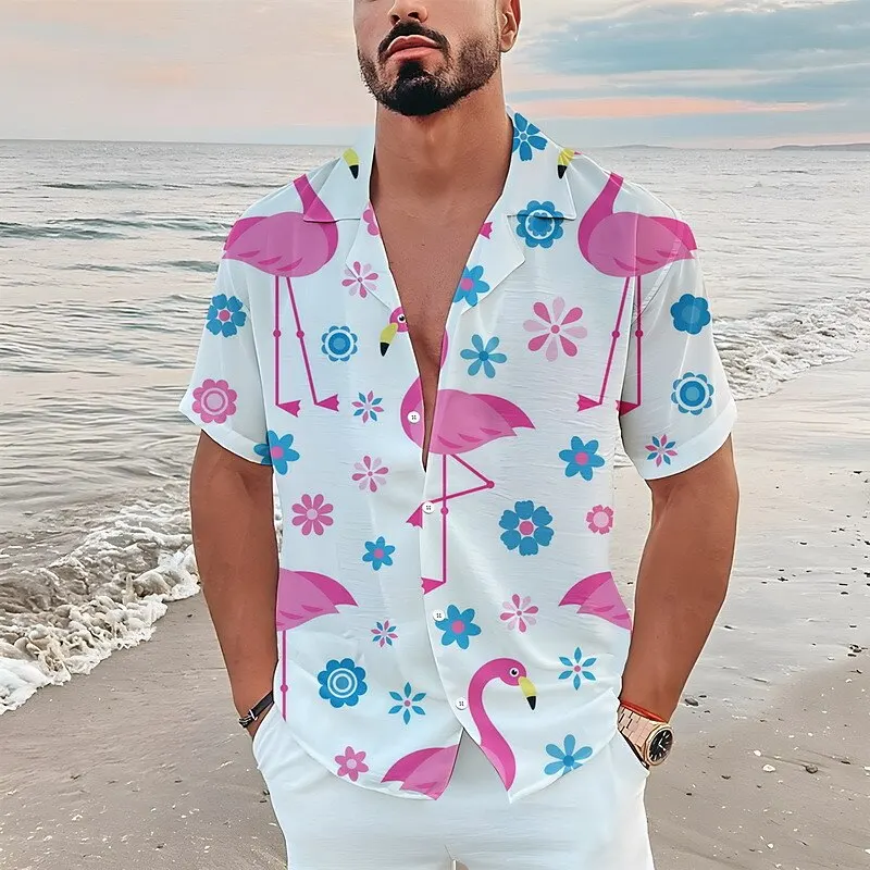 Men\'s Shirts Hawaiian Shirt Floral Flamingo Pattern Print Casual Short Sleeve Button Print Clothing Tropical Fashion Street