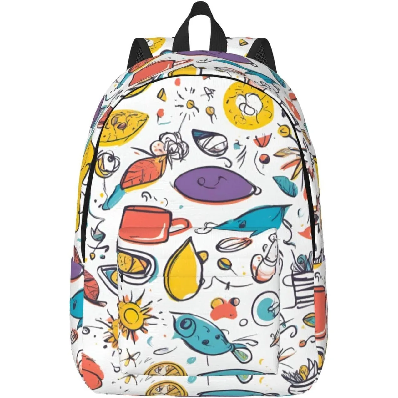 Mochila de lona elegante con estampado de plumas dibujadas a mano de colores sobre blanco, mochila de viaje con bolsillos, para senderismo y uso diario