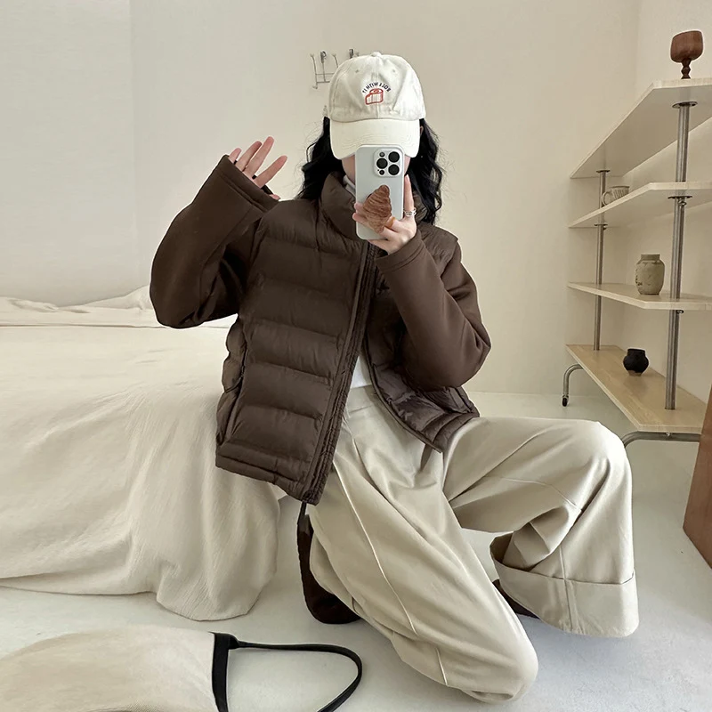 Schinteon donna piumino d'anatra bianco chiaro Patchwork autunno inverno corto capispalla colletto alla coreana cappotto Casual per studenti 2024 nuovo