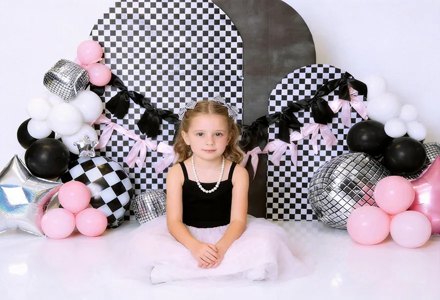 Black White Checkered Photography Backdrop Pink Balloon Disco Party Scene for Kids Birthday Photoshoots