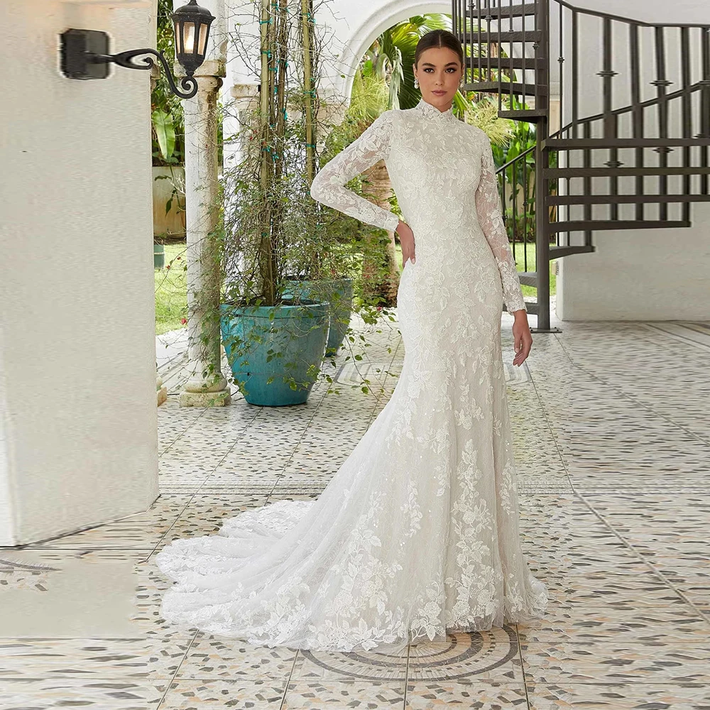 Celebrity mermaid Women Wedding Dresses Elegant Lace Flower Printing Bridal Gowns Princess Banquet Vestidos De Novias Customized