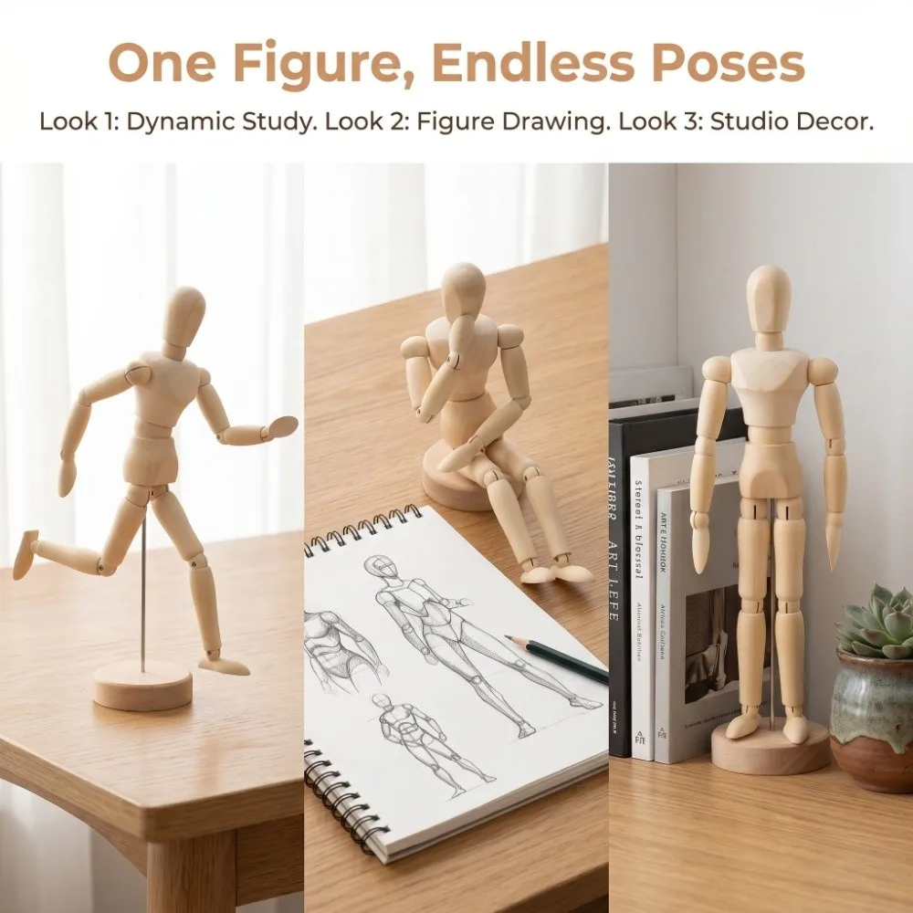 8×1.97in Wooden Mannequin Fully Articulated Joints Adjustable Posture Comic Drawing Model Natural Wood Texture Flexibly Posed