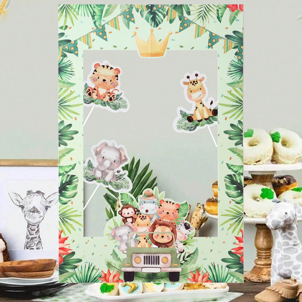 Vibrant Jungle Animals Frame Photo Prop Tablecloth Birthday Party Decor For Home Kids Baby Shower Wild One Safari Party Supplies