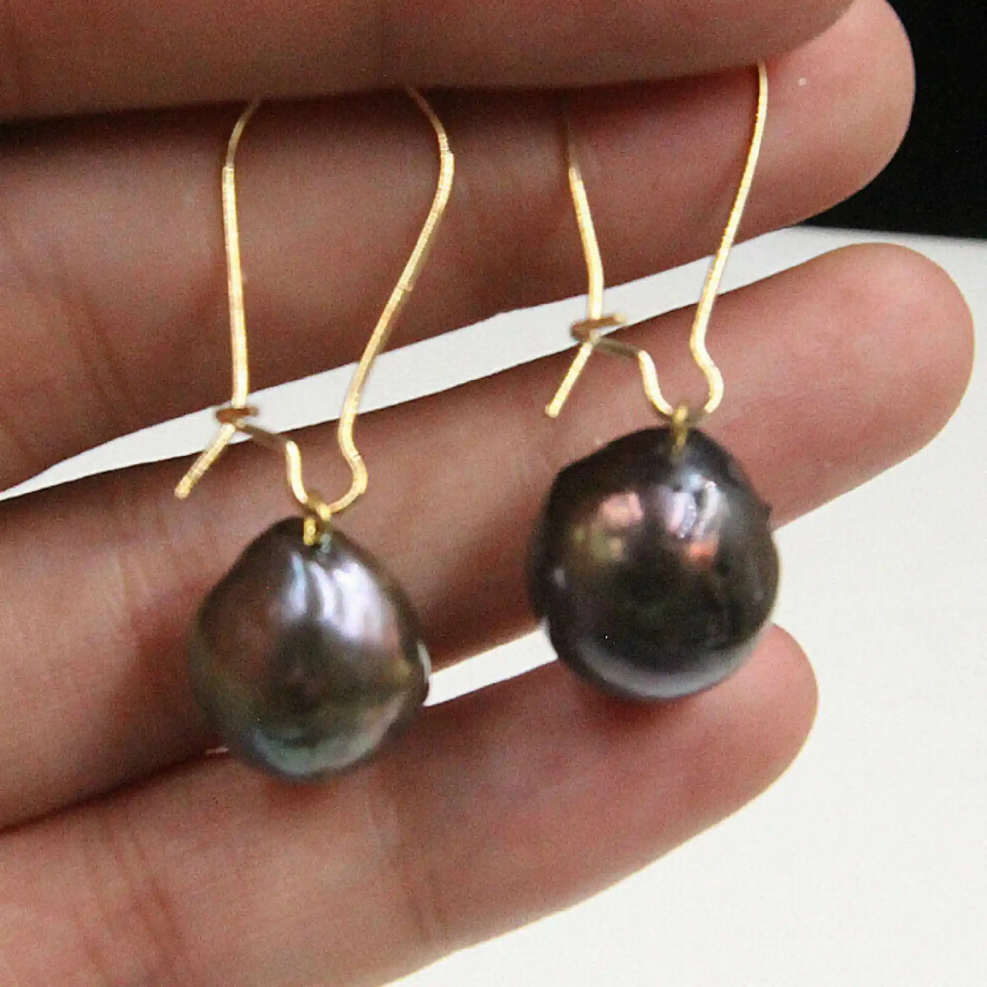 11-13mm Cultured Black Baroque Pearl Earrings 18K Gold Ear Drop Hoop Fashion Holiday gifts Thanksgiving Mother's Day Diy Classic