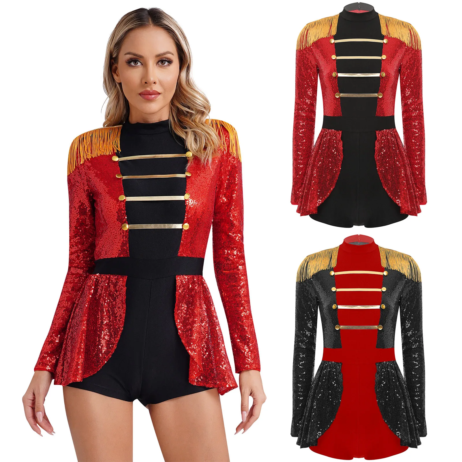 

Women Circus Ringmaster Costume Circus Director Fancy Dress Halloween Carnival Costume Long Sleeve Sequins Jumpsuit Dance Jersey