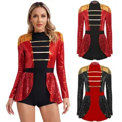Women Circus Ringmaster Costume Circus Director Fancy Dress Halloween Carnival Costume Long Sleeve Sequins Jumpsuit Dance Jersey