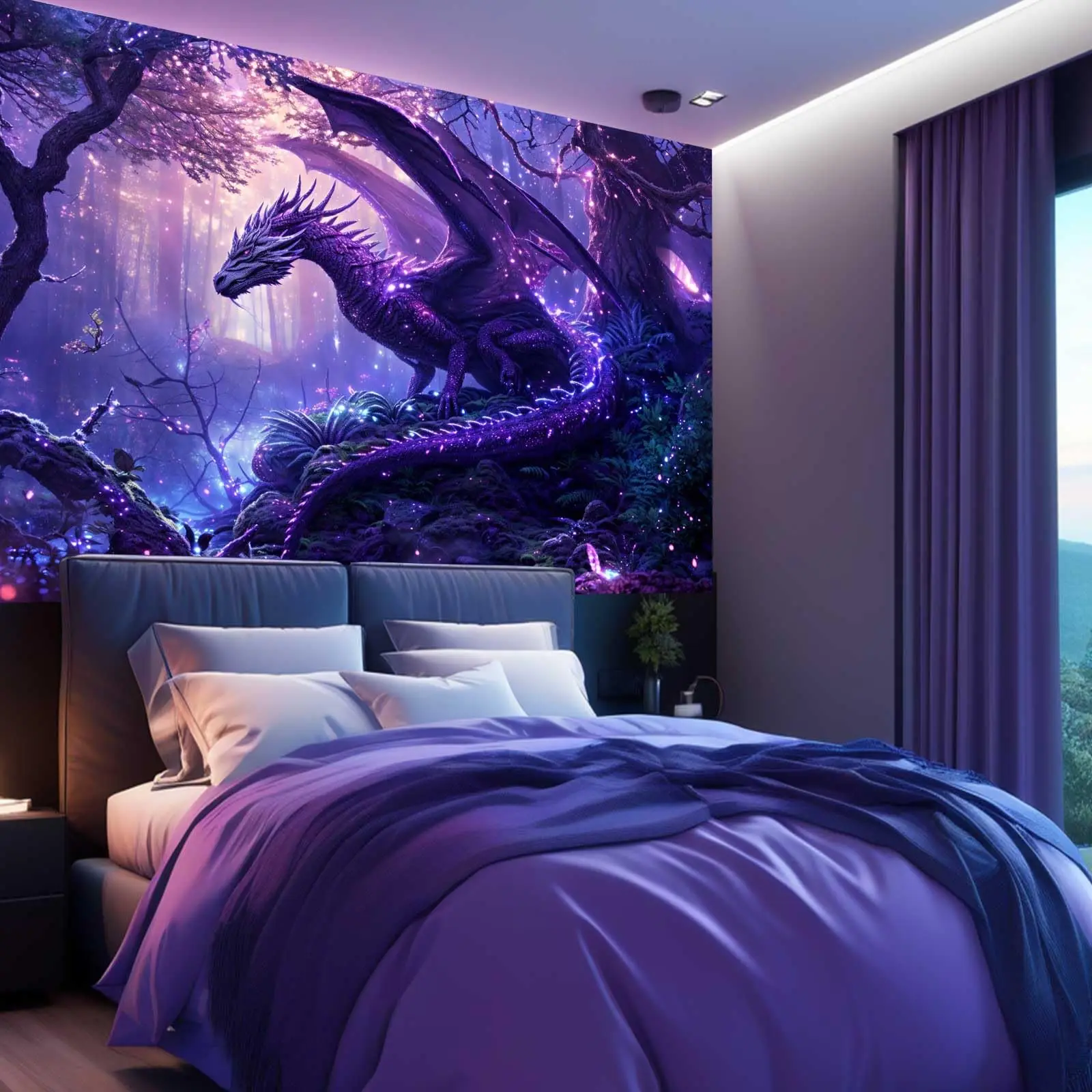 VIKAMA Scandinavian Fantasy Purple Dragon Tapestry Starry Scales Dragon Magic Forest Scene Living Room Bedroom Background Decor