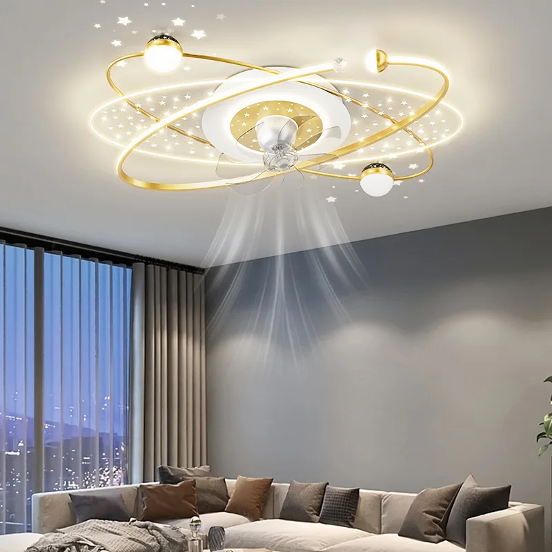 Living Room Ceiling Fan Light Led Shake Head Electric Fan Pendant Lamp Stars Sky Bedroom Intelligent Remote Control Pendant Fans