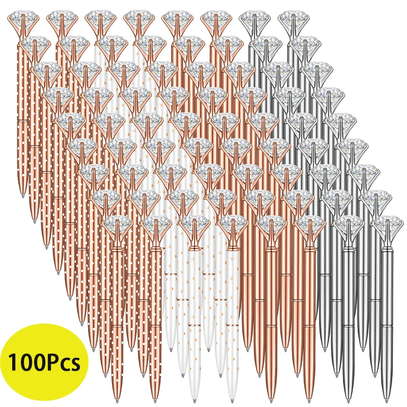 100Pcs Big Crystal Diamond Ballpoint Pens Retractable Metal Crystal Pens for Women Wedding Bridal Shower Decor Gifts