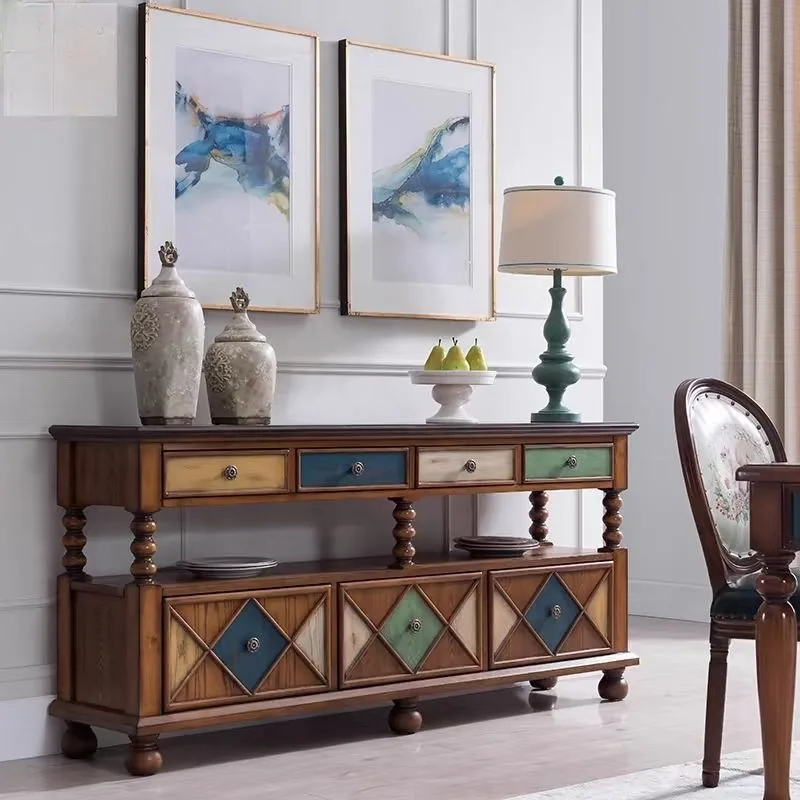 wood dining side European retro partition living room wine cabinet entrance Mediterranean tea storage kitchen locker