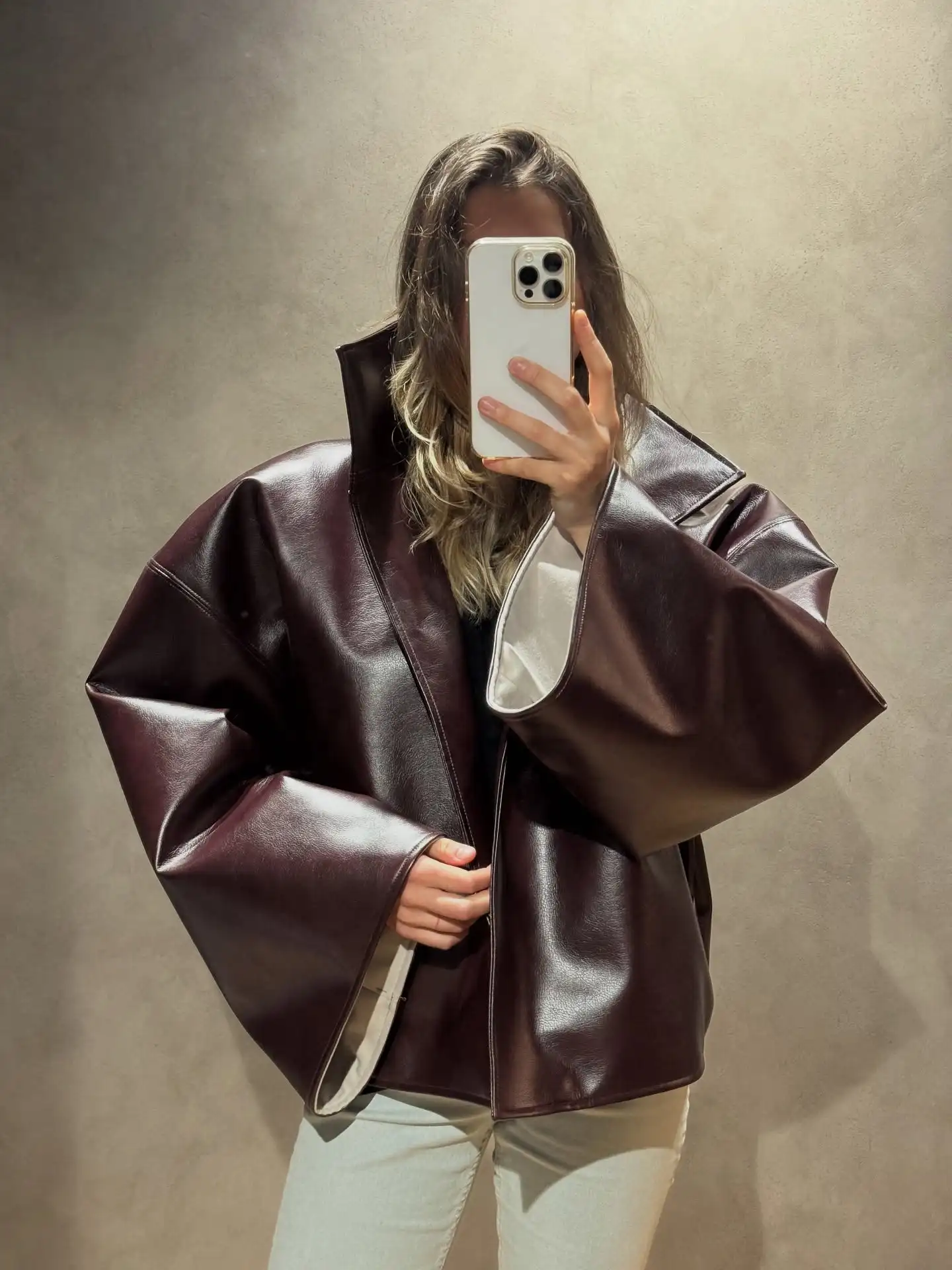 Beige Croc Leather Cropped Jacket Y2k Stand Collar Long Sleeve Wide Cuff Oversize Coat 2026 Autumn Street Daily Casual Outerwear