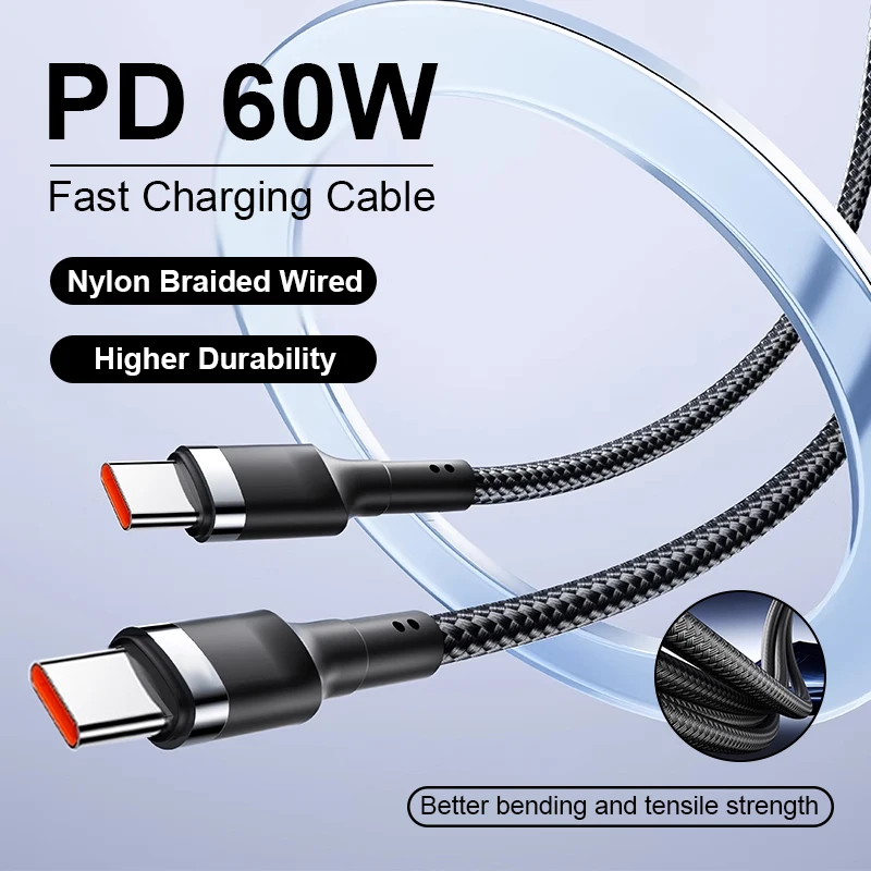 For iPhone 17 USB Type C 60W PD Fast Charging Cable USB C Quick Charger Braided Wired For iPhone 15 16 Pro Max Samsung Data Cord