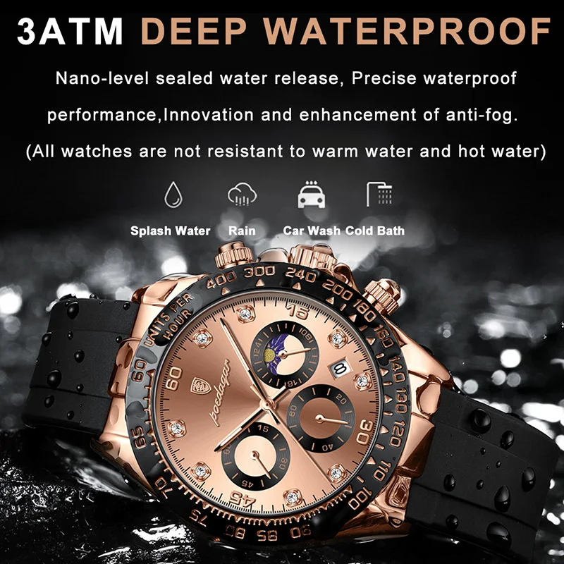 POEDAGAR Silicone Strap Watches Mens Sports Luxury Waterproof Brand Quartz Watch Man Luminous Chronograph Moon Phase Clock Male