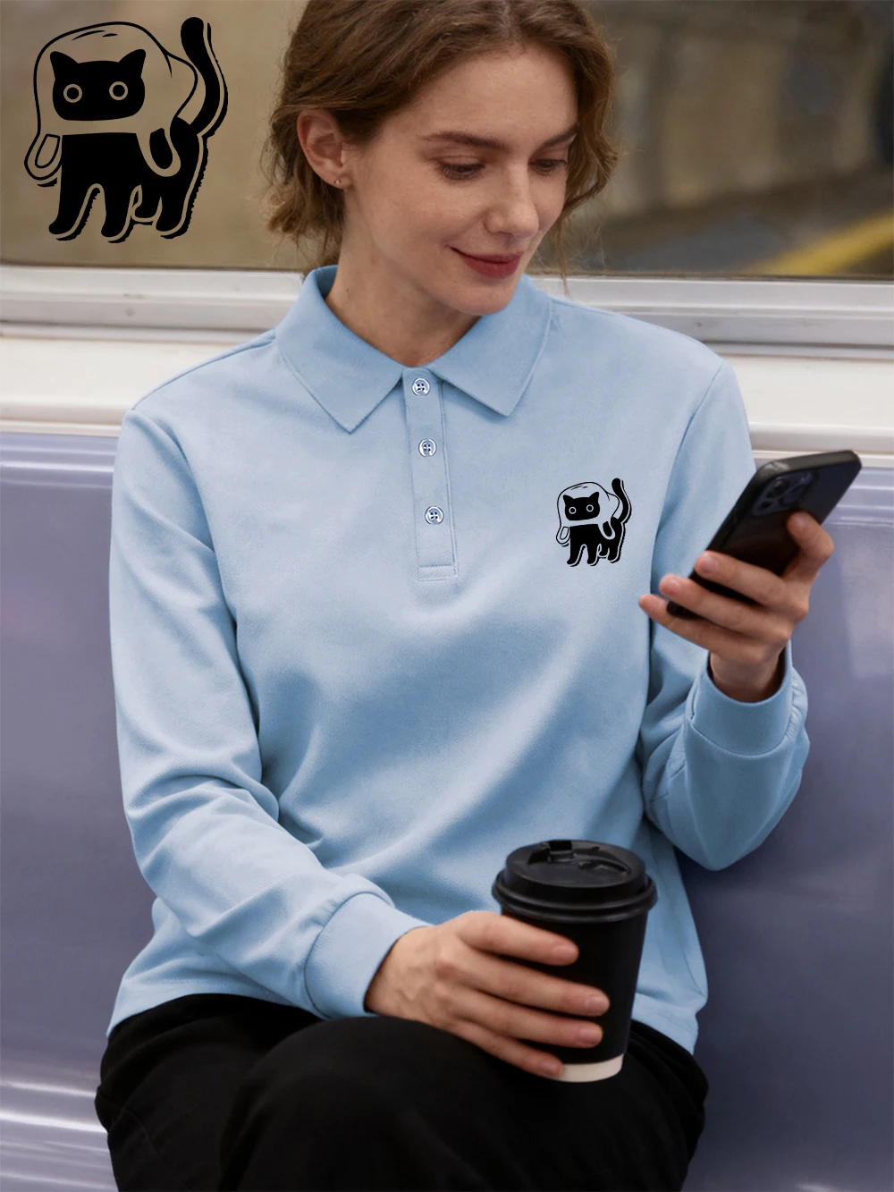 

The Cat Wearing A Hat Printing Polo Shirts Womens Winter Long Sleeves T-Shirts Commuting Lapel Golf Shirtbasic Slim Womans Tops