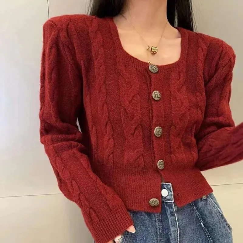 Cardigan Women Sweater 2025 New Fashion Autumn Twisted Square Neck Sweater Loose Design Knitted Cardigan For women's Clothing