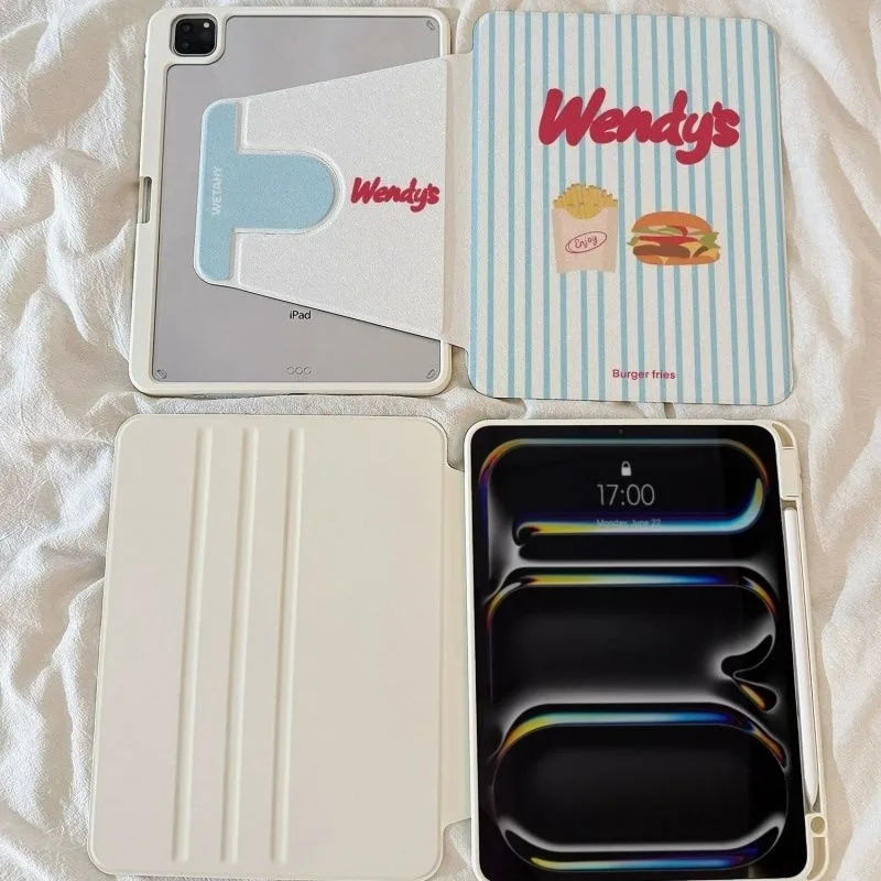 Wendy's Burger Fries 360Rotating Pen Slot Tablet Case For iPad 2026 Air 8 7 6 4 3 2 1 Pro 2024 11in 12th 11 10 9 8 7 6 5th Cover