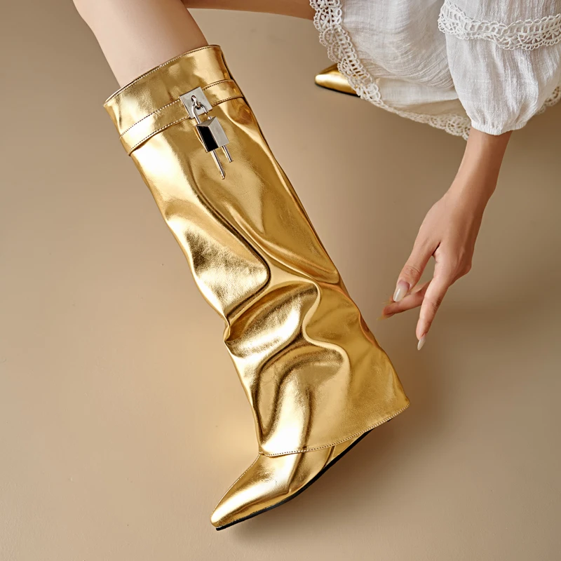 Gold Silver Wedges Boots Women's Metal Lock Decor Soft PU Knee High Heel Shoes