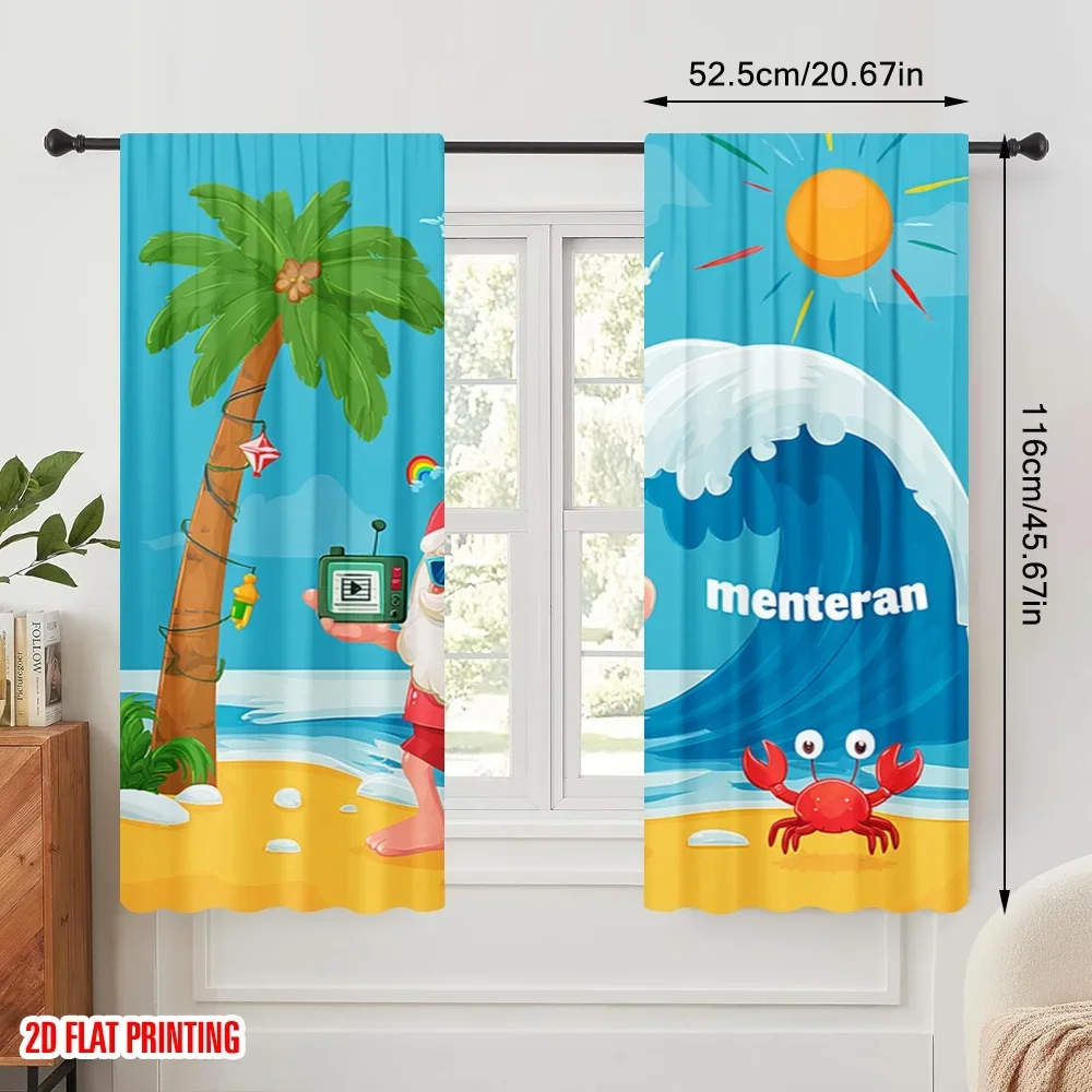 2pcs,2D plane printing Window Curtain Santa Surfing Beach Versatile 100% Polyester (without rod) Festive Perfect for Bedroom,