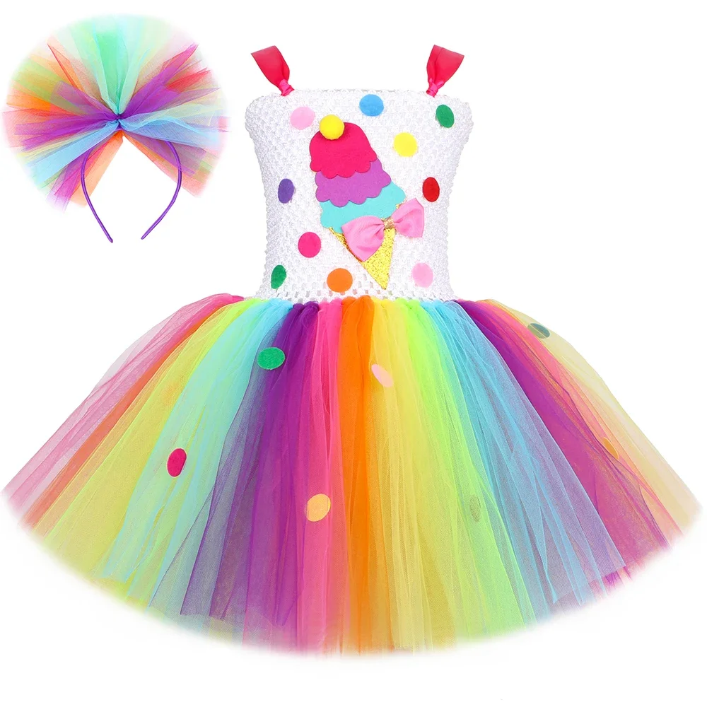 Ice Cream Candy Costume for Girls Birthday Party Rainbow Tulle Tutu Princess Dress Kids Christmas Halloween Carnival Clothes