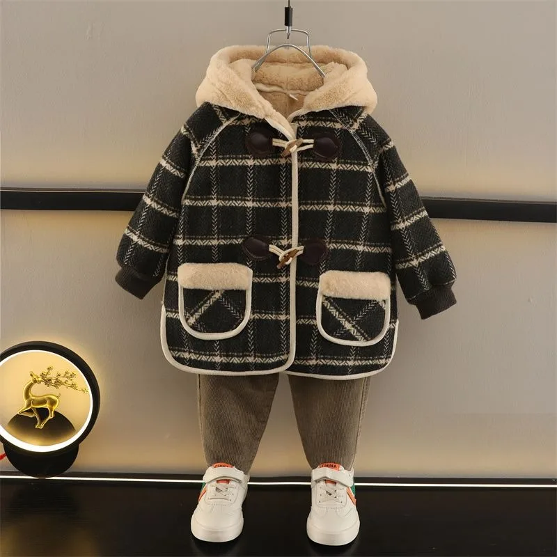 

2025 New Boys Winter Wool Coat Fleece Lined Thickened Plaid Checkered Kids Toddler Overcoat