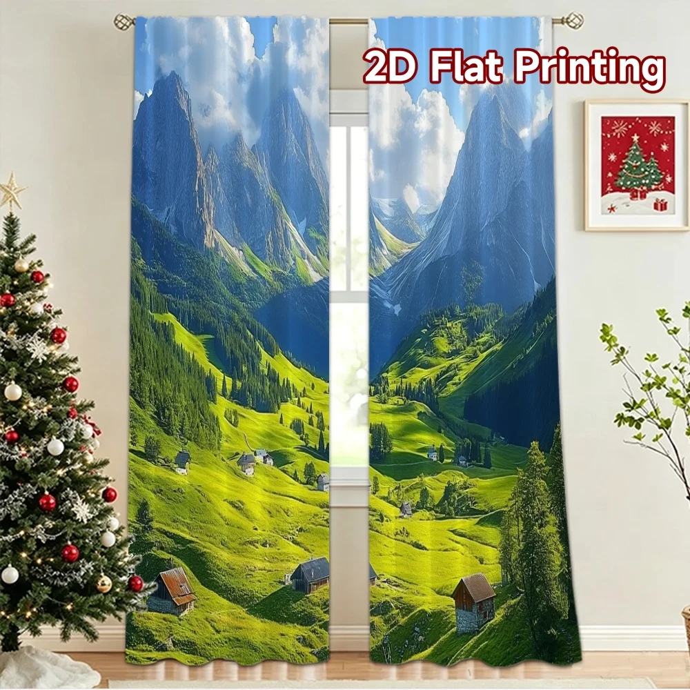 2D flat 2pcs Curtain Vintage drapes and curtains Sunny Mountain Valley Durable polyester fiber Festive Wall Decor Perfect for