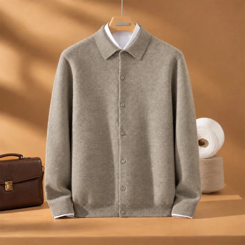High End A-Class 100% Pure Cashmere Sweater Men Polo Collar Knitted Sweater Casual Business Shirt Autumn Winter Versatile Basic