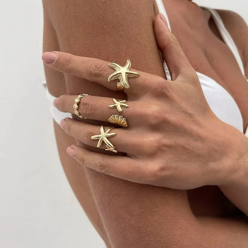 4Pcs/set Starfish Shell Hot Sale Open Rings for Women Men Gold Color Irregular Textured Adjustable Rings Set Jewelry Gifts