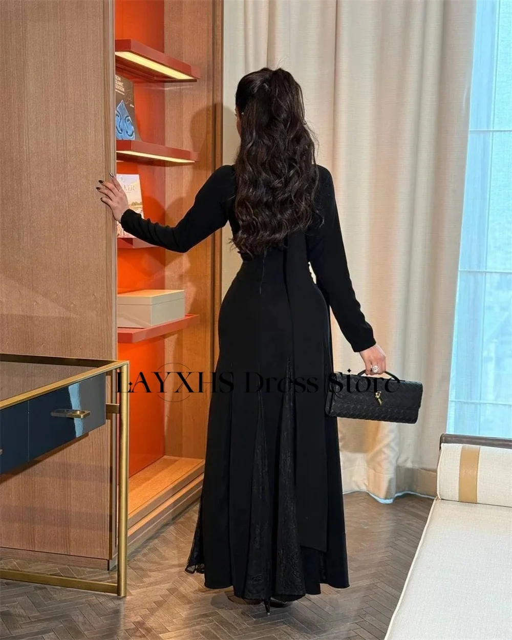 LAYXHS Sexy Preto Alta Pescoço Vestidos de Noite Sereia Mangas Compridas Renda Plissado Vestidos de Baile Personalizados فستانmavera