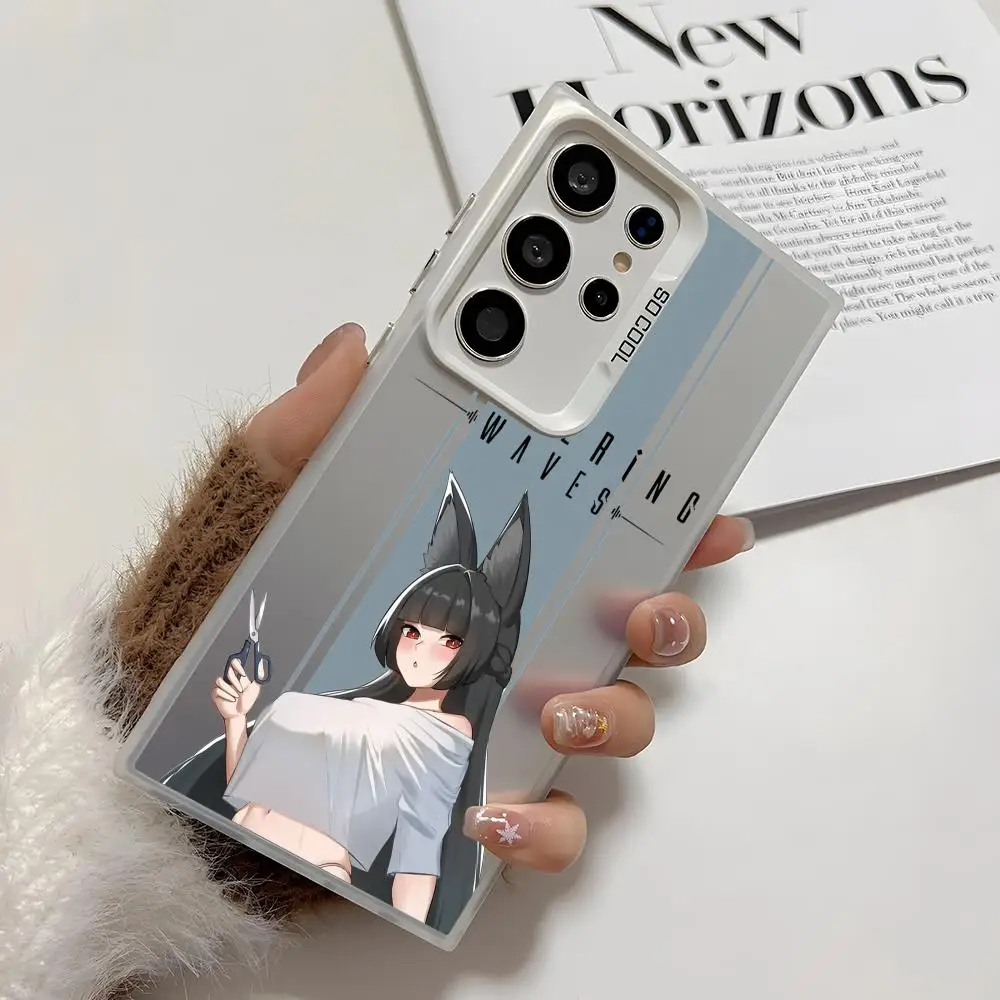 Wuthering Waves ゲーム用スマホケース Samsung Galaxy S25 Edge S24 S23 S22 S21 S20 Ultra対応 シリコン製シルバーカバー