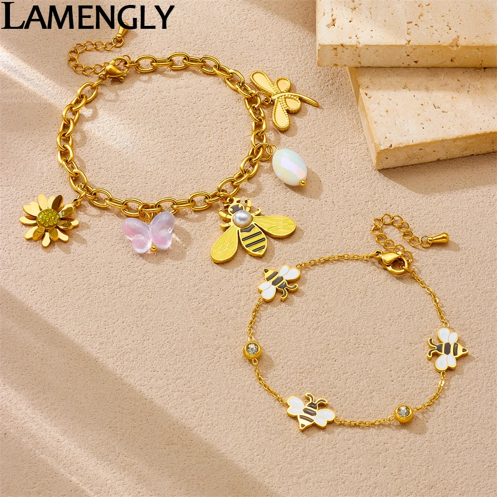 

LAMENGLY 316L Stainless Steel Cute Animal Bee Dragonfly Butterfly Flower Pendant Bracelet For Women Fresh Casual Wrist Jewelry