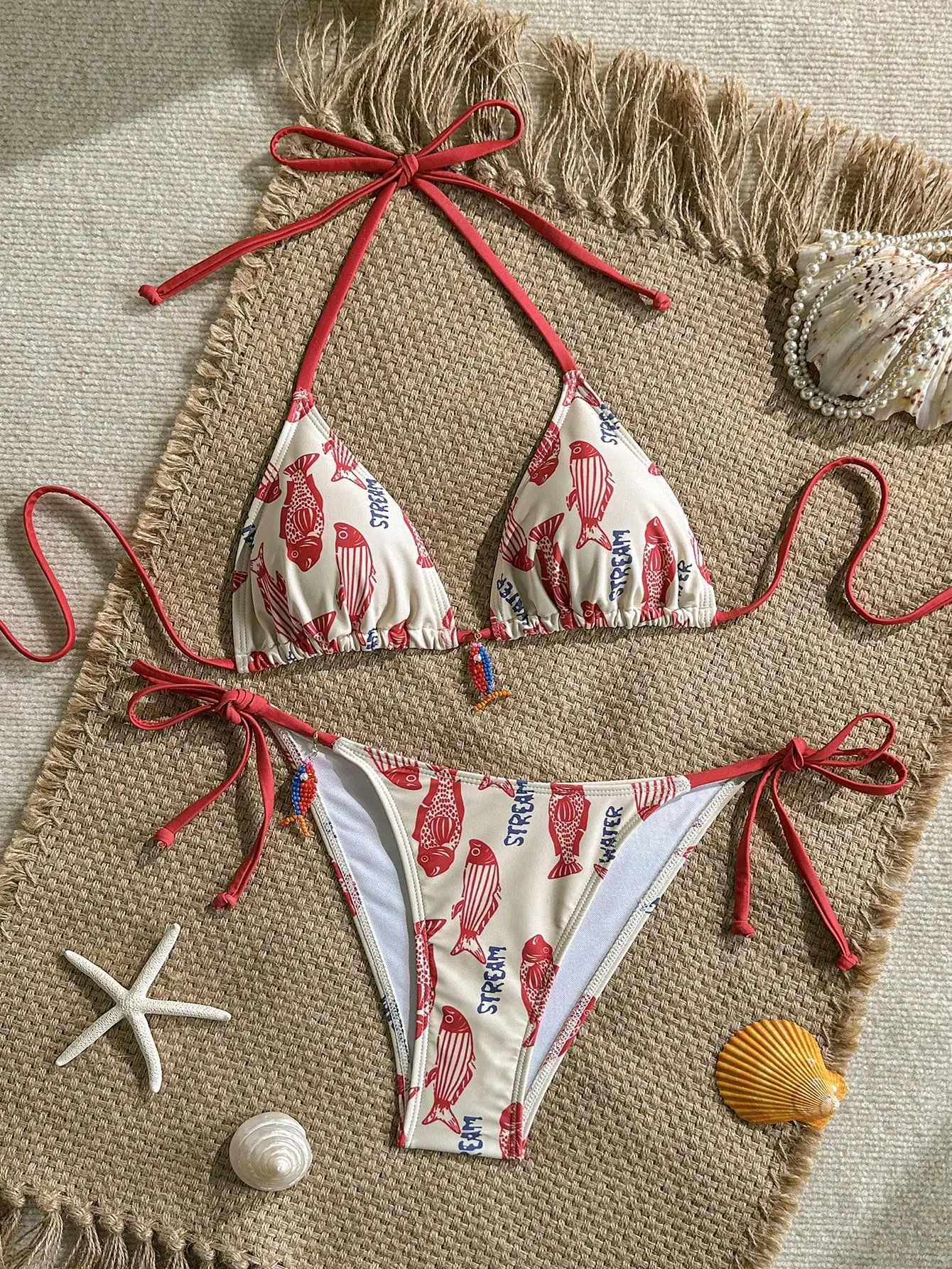 

Женский комплект бикини с принтом рыбок, с мягкими вставками и завязками по бокам