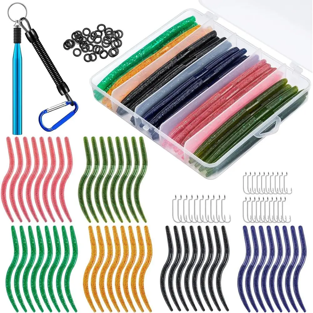 

Wacky Worm Kit for Bass Fishing, 48PCS 5.5" Wacky Worm Lures, 100 O-Rings, Wacky Rig Tool, 30 Hooks and Tackle Box, 180PCS Soft