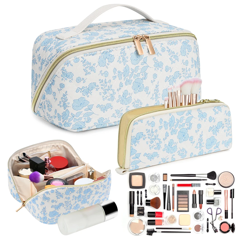 

2 шт. стеганые косметички с цветочным принтом, с разделителем и ручкой, дорожная косметичка большой вместимости для женщин и девушек