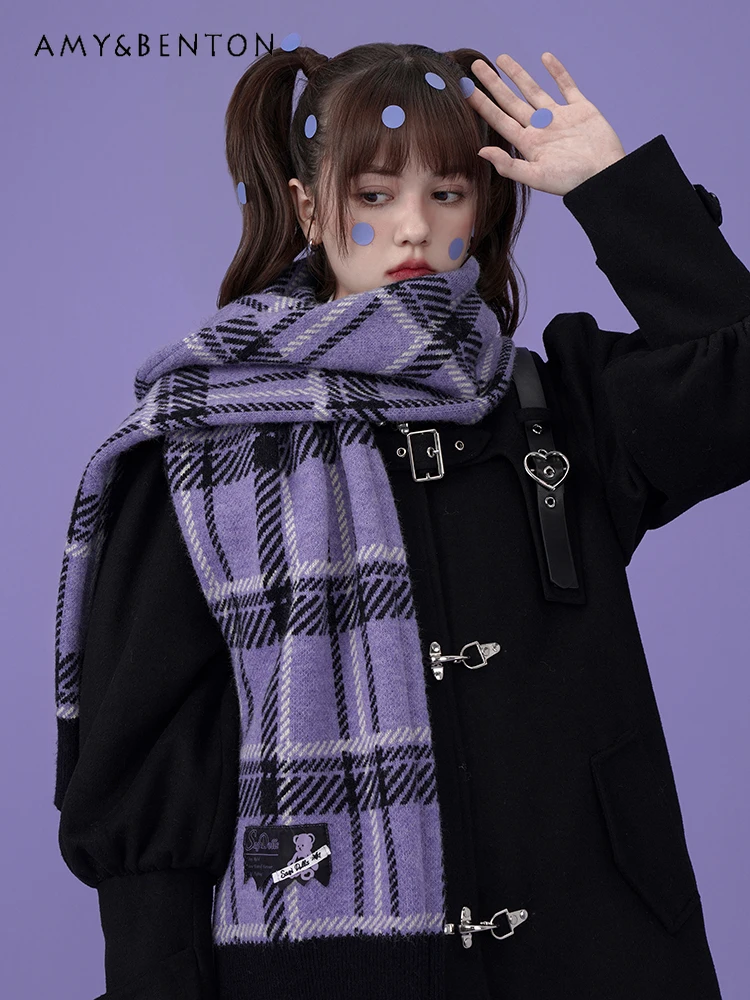 

Harajuku Style Y2K Girl Personalized Punk Purple Plaid Knitted Scarf Winter Thicken Warm Scarf Preppy Style Sweet Cool Scarf