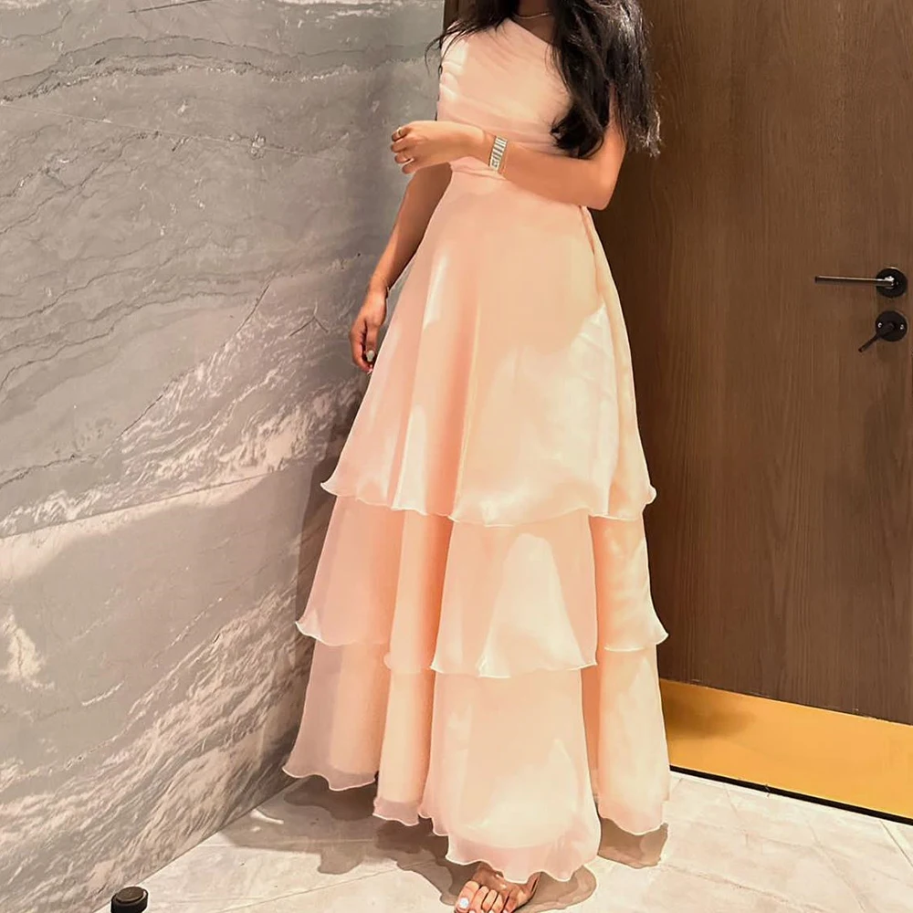 Customized Luxury Chiffon A-Line Tiered Evening Dress Strapless Floor Length Sleeveless Panel Train Photo Color Prom Gowns