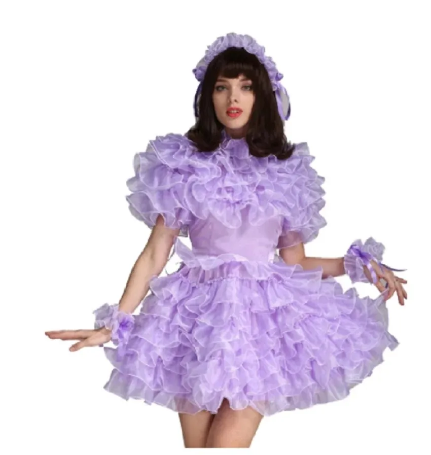 Girly Girl Lockable Purple Satin Organza Puff Dress Uniform Cosplay Costume Crossdress Customized Glamour Halloween Costume