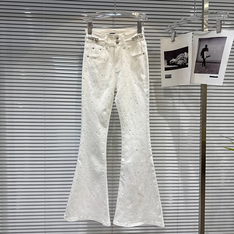 2025 autumn new socialite water diamond letter accessories hot stamping diamond brushed micro flared jeans for women