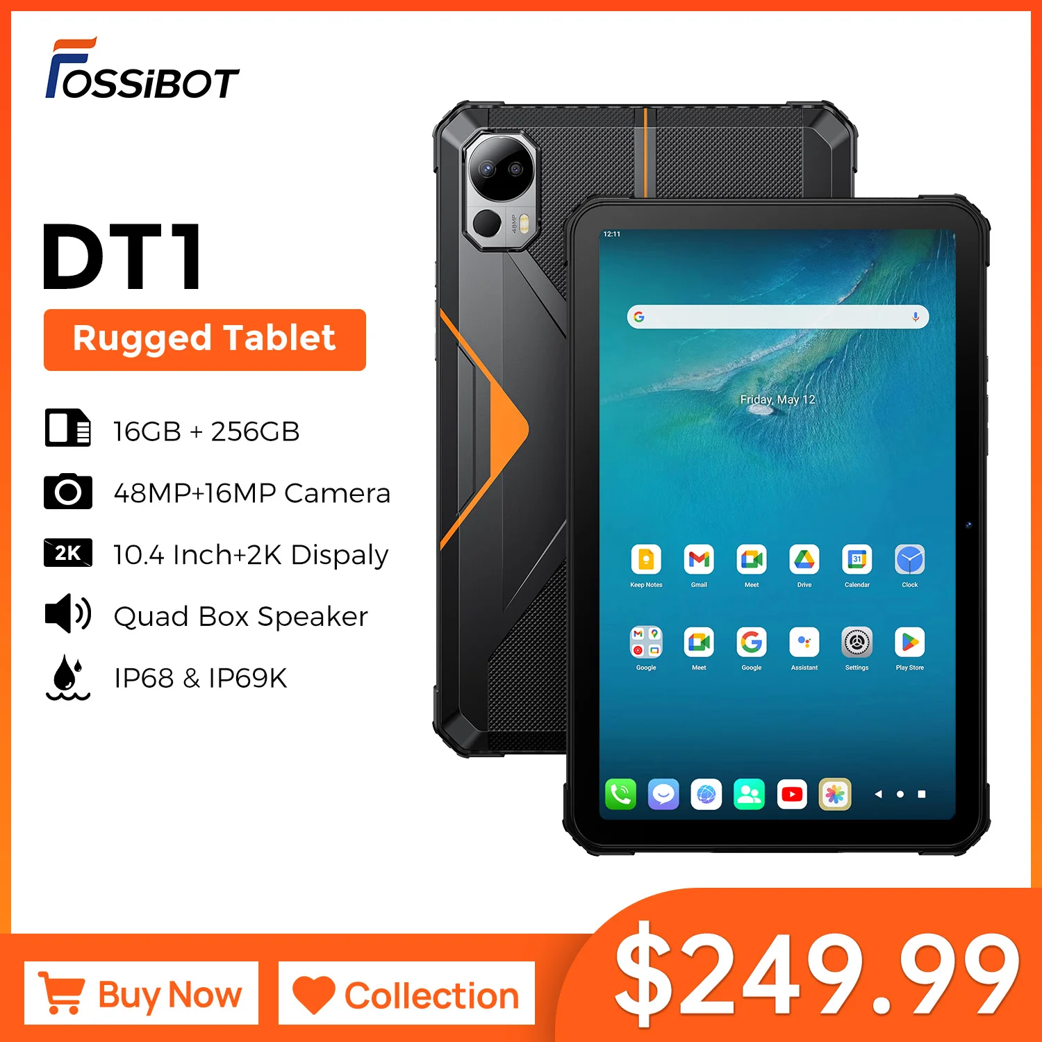 FOSSiBOT DT1 견고한 태블릿, 안드로이드 13, 11000mAh, 10.4 인치 FHD 2K 디스플레이, 48MP 카메라, 16GB, 256GB 태블릿 PC 