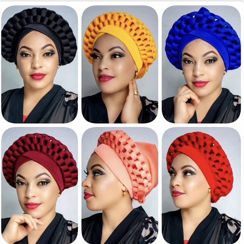 

African Turban Cap Braided Head Wraps Already Made Auto Geles Headtie Nigerian Female Ready To Wear Hair Bonnet Muslim Headscarf