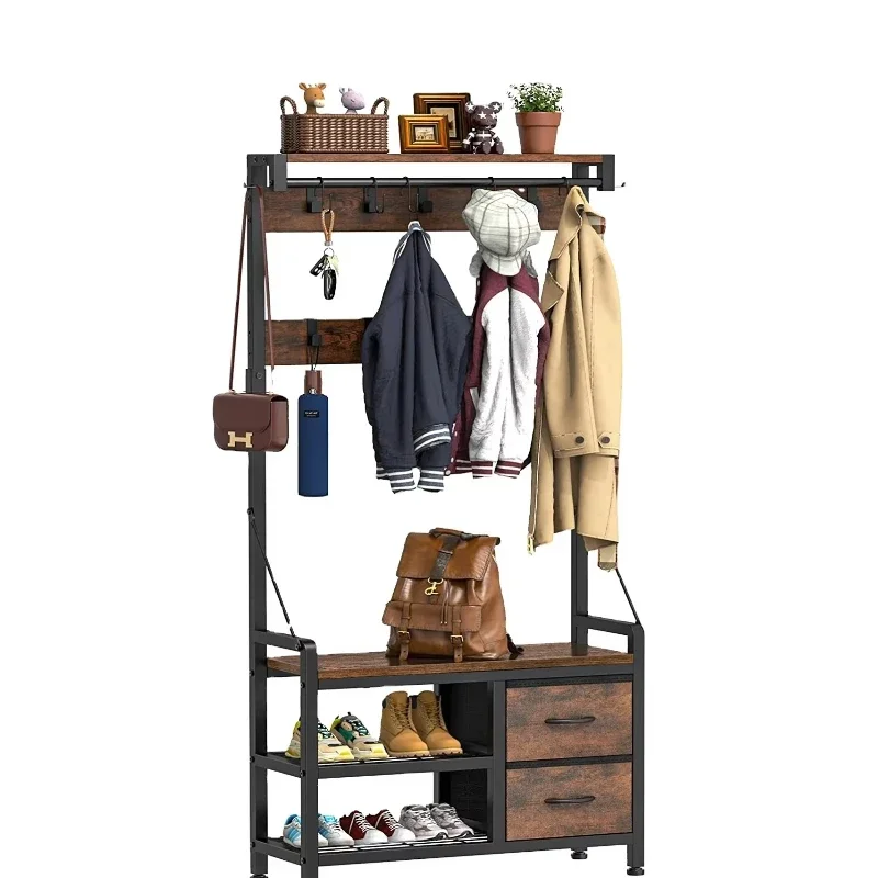 

Entrance Bench Freestanding 4-in-1 Smart Design Shoe Stool and Ledge Coat Rack