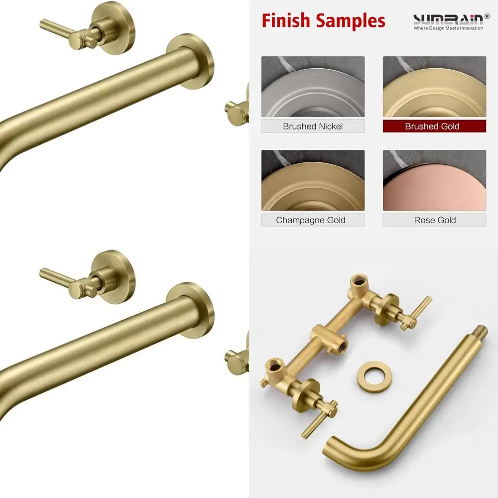

Wall-Mounted Tub Filler Faucet Set in Brushed Gold with Brass Rough-In Valve