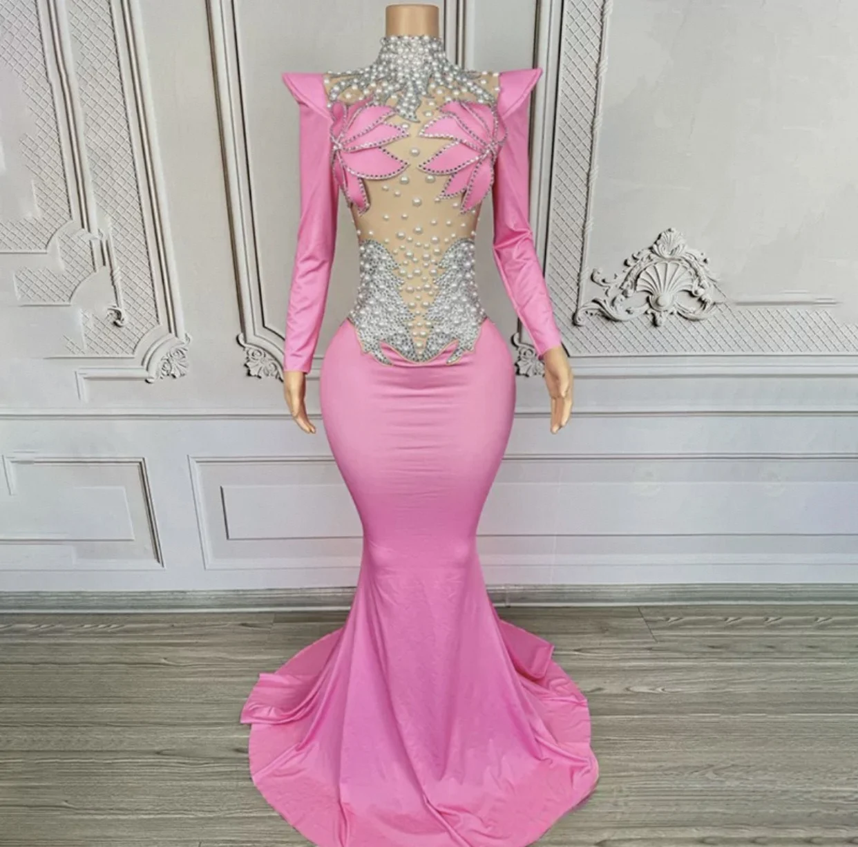 Luxo brilhante diamantes pérola branco ver através de malha vestido longo feminino festa de casamento à noite palco desempenho photoshoot vestido