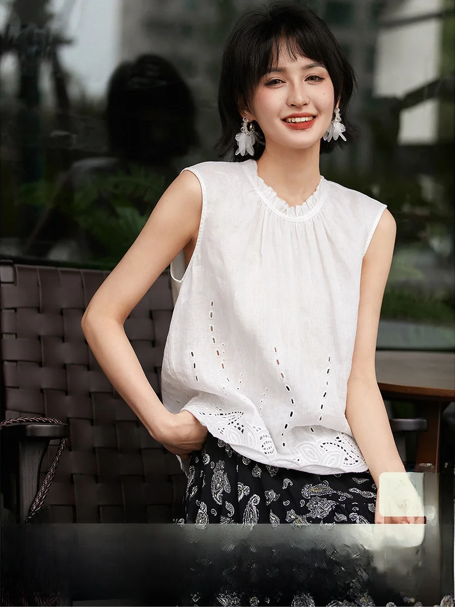 

French Sle Embroidered Hollow out Linen Collar Design Svel Top Women's Breathable Lightweight Summer irt